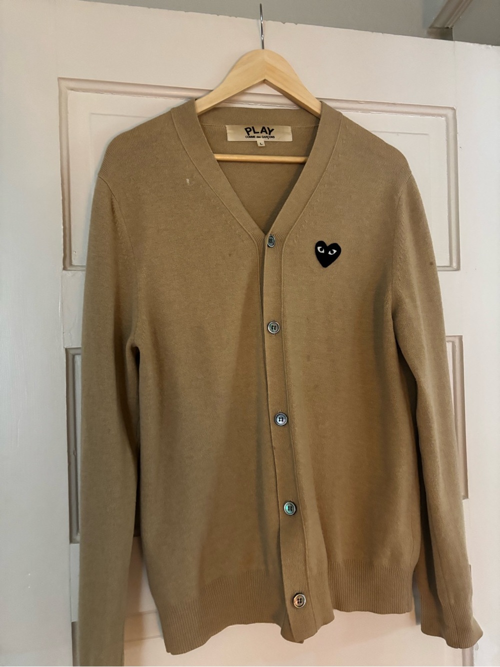 Comme des Garcons PLAY Men's Camel Cardigan with Black Heart Patch